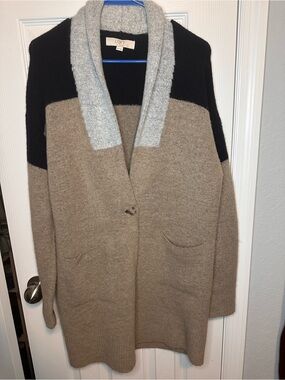 LOFT Colorblock Open Front Sweater Cardigan in Black, Taupe, Light Gray